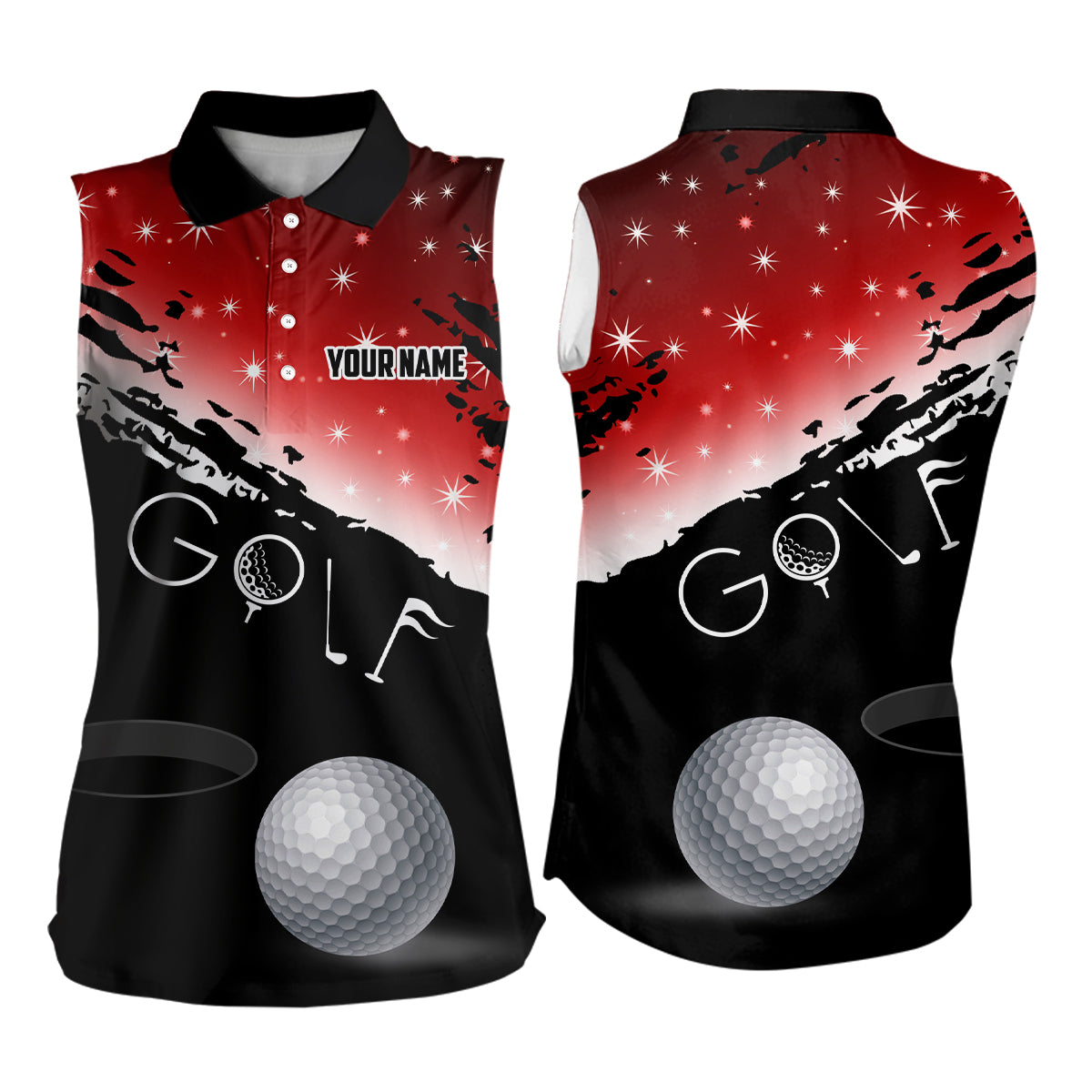 Schwarze und Rote Weihnachts-Golf-Polo-Shirts für Damen ohne Ärmel – Die besten personalisierten Golf-Geschenke zu Weihnachten T3037